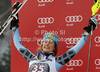 Second placed Resi Stiegler of USA celebrates her medal won in women slalom race of Audi FIS Alpine skiing World cup in Ofterschwang, Germany. Women slalom race of Audi FIS Alpine skiing World cup was held in Ofterschwang, Germany, on Sunday, 4th of March 2012.
