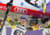 Winner Erin Mielzynski of Canada celebrates her medal won in women slalom race of Audi FIS Alpine skiing World cup in Ofterschwang, Germany. Women slalom race of Audi FIS Alpine skiing World cup was held in Ofterschwang, Germany, on Sunday, 4th of March 2012.
