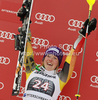 Winner Erin Mielzynski of Canada celebrates her medal won in women slalom race of Audi FIS Alpine skiing World cup in Ofterschwang, Germany. Women slalom race of Audi FIS Alpine skiing World cup was held in Ofterschwang, Germany, on Sunday, 4th of March 2012.
