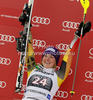 Winner Erin Mielzynski of Canada celebrates her medal won in women slalom race of Audi FIS Alpine skiing World cup in Ofterschwang, Germany. Women slalom race of Audi FIS Alpine skiing World cup was held in Ofterschwang, Germany, on Sunday, 4th of March 2012.
