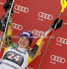 Winner Erin Mielzynski of Canada celebrates her medal won in women slalom race of Audi FIS Alpine skiing World cup in Ofterschwang, Germany. Women slalom race of Audi FIS Alpine skiing World cup was held in Ofterschwang, Germany, on Sunday, 4th of March 2012.
