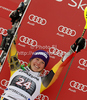 Winner Erin Mielzynski of Canada celebrates her medal won in women slalom race of Audi FIS Alpine skiing World cup in Ofterschwang, Germany. Women slalom race of Audi FIS Alpine skiing World cup was held in Ofterschwang, Germany, on Sunday, 4th of March 2012.
