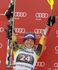 Winner Erin Mielzynski of Canada celebrates her medal won in women slalom race of Audi FIS Alpine skiing World cup in Ofterschwang, Germany. Women slalom race of Audi FIS Alpine skiing World cup was held in Ofterschwang, Germany, on Sunday, 4th of March 2012.
