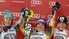 Winner Erin Mielzynski of Canada (M), second placed Resi Stiegler of USA (L) and third placed Marlies Schild of Austria (R) celebrate their medals won in women slalom race of Audi FIS Alpine skiing World cup in Ofterschwang, Germany. Women slalom race of Audi FIS Alpine skiing World cup was held in Ofterschwang, Germany, on Sunday, 4th of March 2012.
