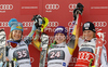 Winner Erin Mielzynski of Canada (M), second placed Resi Stiegler of USA (L) and third placed Marlies Schild of Austria (R) celebrate their medals won in women slalom race of Audi FIS Alpine skiing World cup in Ofterschwang, Germany. Women slalom race of Audi FIS Alpine skiing World cup was held in Ofterschwang, Germany, on Sunday, 4th of March 2012.
