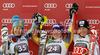 Winner Erin Mielzynski of Canada (M), second placed Resi Stiegler of USA (L) and third placed Marlies Schild of Austria (R) celebrate their medals won in women slalom race of Audi FIS Alpine skiing World cup in Ofterschwang, Germany. Women slalom race of Audi FIS Alpine skiing World cup was held in Ofterschwang, Germany, on Sunday, 4th of March 2012.
