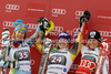 Winner Erin Mielzynski of Canada (M), second placed Resi Stiegler of USA (L) and third placed Marlies Schild of Austria (R) celebrate their medals won in women slalom race of Audi FIS Alpine skiing World cup in Ofterschwang, Germany. Women slalom race of Audi FIS Alpine skiing World cup was held in Ofterschwang, Germany, on Sunday, 4th of March 2012.
