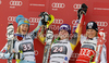 Winner Erin Mielzynski of Canada (M), second placed Resi Stiegler of USA (L) and third placed Marlies Schild of Austria (R) celebrate their medals won in women slalom race of Audi FIS Alpine skiing World cup in Ofterschwang, Germany. Women slalom race of Audi FIS Alpine skiing World cup was held in Ofterschwang, Germany, on Sunday, 4th of March 2012.
