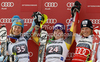 Winner Erin Mielzynski of Canada (M), second placed Resi Stiegler of USA (L) and third placed Marlies Schild of Austria (R) celebrate their medals won in women slalom race of Audi FIS Alpine skiing World cup in Ofterschwang, Germany. Women slalom race of Audi FIS Alpine skiing World cup was held in Ofterschwang, Germany, on Sunday, 4th of March 2012.
