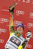 Winner Erin Mielzynski of Canada celebrates her medal won in women slalom race of Audi FIS Alpine skiing World cup in Ofterschwang, Germany. Women slalom race of Audi FIS Alpine skiing World cup was held in Ofterschwang, Germany, on Sunday, 4th of March 2012.
