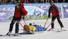 Florian Eisath of Italy is being taken down by rescue service after crashing in second run of men giant slalom race of Audi FIS Alpine skiing World cup in Kranjska Gora, Slovenia. Men slalom race of Audi FIS Alpine skiing World cup was held in Kranjska Gora, Slovenia, on Saturday, 10th of March 2012.
