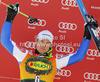 Second placed Alexis Pinturault of France celebrates his medal won in men giant slalom race of Audi FIS Alpine skiing World cup in Kranjska Gora, Slovenia. Men slalom race of Audi FIS Alpine skiing World cup was held in Kranjska Gora, Slovenia, on Saturday, 10th of March 2012.
