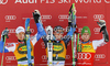 Winner Ted Ligety of USA (M), second placed Alexis Pinturault of France (L) and third placed Marcel Hirscher of Austria (R) celebrate their medals won in men giant slalom race of Audi FIS Alpine skiing World cup in Kranjska Gora, Slovenia. Men slalom race of Audi FIS Alpine skiing World cup was held in Kranjska Gora, Slovenia, on Saturday, 10th of March 2012.
