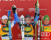 Winner Ted Ligety of USA (M), second placed Alexis Pinturault of France (L) and third placed Marcel Hirscher of Austria (R) celebrate their medals won in men giant slalom race of Audi FIS Alpine skiing World cup in Kranjska Gora, Slovenia. Men slalom race of Audi FIS Alpine skiing World cup was held in Kranjska Gora, Slovenia, on Saturday, 10th of March 2012.
