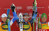 Winner Ted Ligety of USA (M), second placed Alexis Pinturault of France (L) and third placed Marcel Hirscher of Austria (R) celebrate their medals won in men giant slalom race of Audi FIS Alpine skiing World cup in Kranjska Gora, Slovenia. Men slalom race of Audi FIS Alpine skiing World cup was held in Kranjska Gora, Slovenia, on Saturday, 10th of March 2012.
