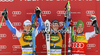 Winner Ted Ligety of USA (M), second placed Alexis Pinturault of France (L) and third placed Marcel Hirscher of Austria (R) celebrate their medals won in men giant slalom race of Audi FIS Alpine skiing World cup in Kranjska Gora, Slovenia. Men slalom race of Audi FIS Alpine skiing World cup was held in Kranjska Gora, Slovenia, on Saturday, 10th of March 2012.
