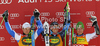 Winner Ted Ligety of USA (M), second placed Alexis Pinturault of France (L) and third placed Marcel Hirscher of Austria (R) celebrate their medals won in men giant slalom race of Audi FIS Alpine skiing World cup in Kranjska Gora, Slovenia. Men slalom race of Audi FIS Alpine skiing World cup was held in Kranjska Gora, Slovenia, on Saturday, 10th of March 2012.
