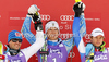 Winner Andre Myhrer of Sweden (M), second placed Cristian Deville of Italy (L) and third placed Alexis Pinturault of France (R) celebrate their medals won in men slalom race of Audi FIS Alpine skiing World cup in Kranjska Gora, Slovenia. Men slalom race of Audi FIS Alpine skiing World cup was held in Kranjska Gora, Slovenia, on Sunday, 11th of March 2012.
