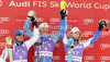Winner Andre Myhrer of Sweden (M), second placed Cristian Deville of Italy (L) and third placed Alexis Pinturault of France (R) celebrate their medals won in men slalom race of Audi FIS Alpine skiing World cup in Kranjska Gora, Slovenia. Men slalom race of Audi FIS Alpine skiing World cup was held in Kranjska Gora, Slovenia, on Sunday, 11th of March 2012.

