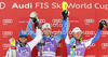 Winner Andre Myhrer of Sweden (M), second placed Cristian Deville of Italy (L) and third placed Alexis Pinturault of France (R) celebrate their medals won in men slalom race of Audi FIS Alpine skiing World cup in Kranjska Gora, Slovenia. Men slalom race of Audi FIS Alpine skiing World cup was held in Kranjska Gora, Slovenia, on Sunday, 11th of March 2012.
