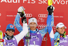 Winner Andre Myhrer of Sweden (M), second placed Cristian Deville of Italy (L) and third placed Alexis Pinturault of France (R) celebrate their medals won in men slalom race of Audi FIS Alpine skiing World cup in Kranjska Gora, Slovenia. Men slalom race of Audi FIS Alpine skiing World cup was held in Kranjska Gora, Slovenia, on Sunday, 11th of March 2012.
