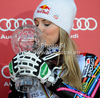 Lindsey Vonn of USA celebrates her Downhill overall FIS Alpine skiing World cup victory after downhill race of Audi FIS Alpine skiing World cup finals in Schladming, Austria. Women downhill race of Audi FIS Alpine skiing World cup finals was held in Schladming, Austria, on Wednesday, 14th of March 2012.
