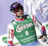 Adrien Theaux of France reacts in finish of men downhill race of Audi FIS Alpine skiing World cup finals in Schladming, Austria. Men downhill race of Audi FIS Alpine skiing World cup finals was held in Schladming, Austria, on Wednesday, 14th of March 2012.
