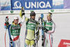  Winner Aksel Lund Svindal of Norway (M), second placed Beat Feuz of Switzerland (L), thrirth placed Hannes Reichelt of Austria (R) celebrate their medals won in men downhill race of Audi FIS Alpine skiing World cup finals in Schladming, Austria. Men downhill race of Audi FIS Alpine skiing World cup finals was held in Schladming, Austria, on Wednesday, 14th of March 2012.
