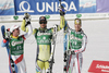  Winner Aksel Lund Svindal of Norway (M), second placed Beat Feuz of Switzerland (L), thrirth placed Hannes Reichelt of Austria (R) celebrate their medals won in men downhill race of Audi FIS Alpine skiing World cup finals in Schladming, Austria. Men downhill race of Audi FIS Alpine skiing World cup finals was held in Schladming, Austria, on Wednesday, 14th of March 2012.
