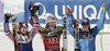 Winner Lindsey Vonn of USA (M), 	ROLLAND Marion of France (L), Tina Maze of Slovenia (R) celebrates their medals won in women downhill race of Audi FIS Alpine skiing World cup finals in Schladming, Austria. Women downhill race of Audi FIS Alpine skiing World cup finals was held in Schladming, Austria, on Wednesday, 14th of March 2012.
