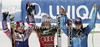 Winner Lindsey Vonn of USA (M), 	ROLLAND Marion of France (L), Tina Maze of Slovenia (R) celebrates their medals won in women downhill race of Audi FIS Alpine skiing World cup finals in Schladming, Austria. Women downhill race of Audi FIS Alpine skiing World cup finals was held in Schladming, Austria, on Wednesday, 14th of March 2012.
