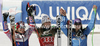 Winner Lindsey Vonn of USA (M), 	ROLLAND Marion of France (L), Tina Maze of Slovenia (R) celebrates their medals won in women downhill race of Audi FIS Alpine skiing World cup finals in Schladming, Austria. Women downhill race of Audi FIS Alpine skiing World cup finals was held in Schladming, Austria, on Wednesday, 14th of March 2012.
