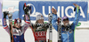 Winner Lindsey Vonn of USA (M), 	ROLLAND Marion of France (L), Tina Maze of Slovenia (R) celebrates their medals won in women downhill race of Audi FIS Alpine skiing World cup finals in Schladming, Austria. Women downhill race of Audi FIS Alpine skiing World cup finals was held in Schladming, Austria, on Wednesday, 14th of March 2012.
