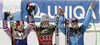Winner Lindsey Vonn of USA (M), 	ROLLAND Marion of France (L), Tina Maze of Slovenia (R) celebrates their medals won in women downhill race of Audi FIS Alpine skiing World cup finals in Schladming, Austria. Women downhill race of Audi FIS Alpine skiing World cup finals was held in Schladming, Austria, on Wednesday, 14th of March 2012.
