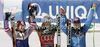Winner Lindsey Vonn of USA (M), 	ROLLAND Marion of France (L), Tina Maze of Slovenia (R) celebrates their medals won in women downhill race of Audi FIS Alpine skiing World cup finals in Schladming, Austria. Women downhill race of Audi FIS Alpine skiing World cup finals was held in Schladming, Austria, on Wednesday, 14th of March 2012.

