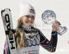 Lindsey Vonn of USA celebrates her overall victory in men downhill Audi FIS Alpine skiing World cup finals in Schladming, Austria. Last women downhill race of Audi FIS Alpine skiing World cup finals was held in Schladming, Austria, on Wednesday, 14th of March 2012.
