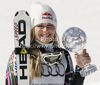 Lindsey Vonn of USA celebrates her overall victory in men downhill Audi FIS Alpine skiing World cup finals in Schladming, Austria. Last women downhill race of Audi FIS Alpine skiing World cup finals was held in Schladming, Austria, on Wednesday, 14th of March 2012.
