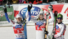 Winner Christof Innerhofer of Italy (m), Second placed Alexis Pinturault of France (L), Thirdh placed Marcel Hirscher of Austria (R) celebrates their medals won in men Super-G race of Audi FIS Alpine skiing World cup finals in Schladming, Austria. Men Super-G race of Audi FIS Alpine skiing World cup finals was held in Schladming, Austria, on Thursday, 15th of March 2012.

