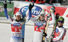 Winner Christof Innerhofer of Italy (m), Second placed Alexis Pinturault of France (L), Thirdh placed Marcel Hirscher of Austria (R) celebrates their medals won in men Super-G race of Audi FIS Alpine skiing World cup finals in Schladming, Austria. Men Super-G race of Audi FIS Alpine skiing World cup finals was held in Schladming, Austria, on Thursday, 15th of March 2012.
