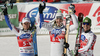 Winner Christof Innerhofer of Italy (m), Second placed Alexis Pinturault of France (L), Thirdh placed Marcel Hirscher of Austria (R) celebrates their medals won in men Super-G race of Audi FIS Alpine skiing World cup finals in Schladming, Austria. Men Super-G race of Audi FIS Alpine skiing World cup finals was held in Schladming, Austria, on Thursday, 15th of March 2012.
