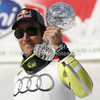 Aksel Lund Svindal of Norway celebrates his overall victory in men Super-G Audi FIS Alpine skiing World cup finals in Schladming, Austria. Last men Super-G race of Audi FIS Alpine skiing World cup finals was held in Schladming, Austria, on Thursday, 15th of March 2012.
