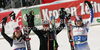 Winner Viktoria Rebensburg of Germany (M), second placed Julia Mancuso of USA (L), Thirdh placed Marion Rolland of France (R) celebrates their medals won in women Super-G race of Audi FIS Alpine skiing World cup finals in Schladming, Austria. Women Super-G race of Audi FIS Alpine skiing World cup finals was held in Schladming, Austria, on Thursday, 15th of March 2012.
