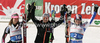 Winner Viktoria Rebensburg of Germany (M), second placed Julia Mancuso of USA (L), Thirdh placed Marion Rolland of France (R) celebrates their medals won in women Super-G race of Audi FIS Alpine skiing World cup finals in Schladming, Austria. Women Super-G race of Audi FIS Alpine skiing World cup finals was held in Schladming, Austria, on Thursday, 15th of March 2012.

