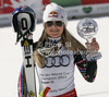 Lindsey Vonn of USA celebrates her overall victory in women Super-G Audi FIS Alpine skiing World cup finals in Schladming, Austria. Last women Super-G race of Audi FIS Alpine skiing World cup finals was held in Schladming, Austria, on Thursday, 15th of March 2012.
