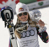 Lindsey Vonn of USA celebrates her overall victory in women Super-G Audi FIS Alpine skiing World cup finals in Schladming, Austria. Last women Super-G race of Audi FIS Alpine skiing World cup finals was held in Schladming, Austria, on Thursday, 15th of March 2012.

