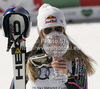 Lindsey Vonn of USA celebrates her overall victory in women Super-G Audi FIS Alpine skiing World cup finals in Schladming, Austria. Last women Super-G race of Audi FIS Alpine skiing World cup finals was held in Schladming, Austria, on Thursday, 15th of March 2012.
