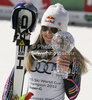 Lindsey Vonn of USA celebrates her overall victory in women Super-G Audi FIS Alpine skiing World cup finals in Schladming, Austria. Last women Super-G race of Audi FIS Alpine skiing World cup finals was held in Schladming, Austria, on Thursday, 15th of March 2012.
