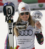 Lindsey Vonn of USA celebrates her overall victory in women Super-G Audi FIS Alpine skiing World cup finals in Schladming, Austria. Last women Super-G race of Audi FIS Alpine skiing World cup finals was held in Schladming, Austria, on Thursday, 15th of March 2012.
