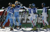 Swedish and Italian team in finish of the team event race of Audi FIS Alpine skiing World cup finals in Schladming, Austria. Team event race of Audi FIS Alpine skiing World cup finals was held in Schladming, Austria, on Friday, 16th of March 2012.
