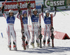 Winning team of Austria with Philipp Schoerghofer (L), Michaela Kirchgasser (2nd from L), Marcel Mathis (2nd from R) and Eva-Maria Brem (R) celebrating their victory in team event race of Audi FIS Alpine skiing World cup finals in Schladming, Austria. Team event race of Audi FIS Alpine skiing World cup finals was held in Schladming, Austria, on Friday, 16th of March 2012.
